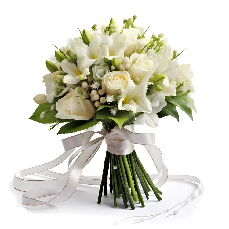 Beautiful Bouquet of White Roses with Ribbon