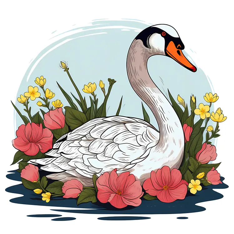 Beautiful Swan with Colorful Flowers in Nature