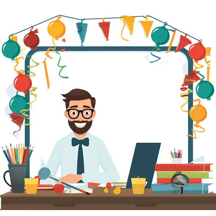 Happy Teacher at Desk with Decorations