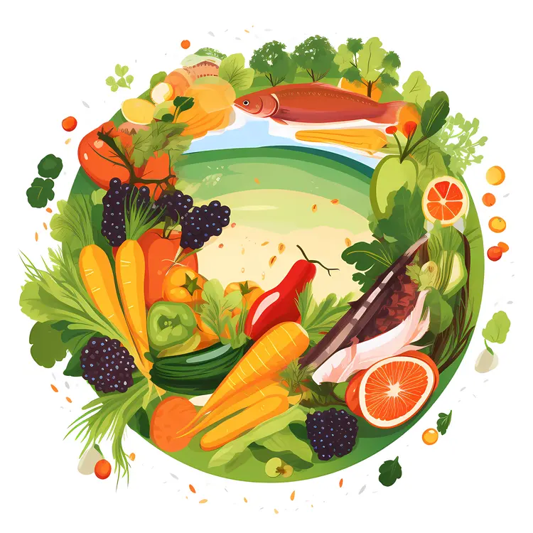 Colorful Circle of Fresh Vegetables and Fruits
