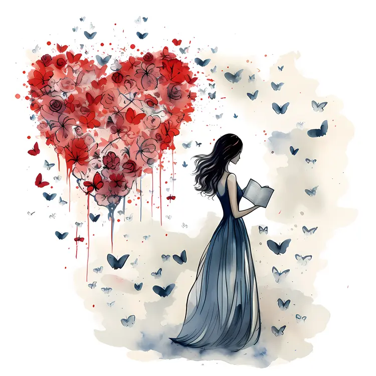 Girl Reading with Heart and Butterflies