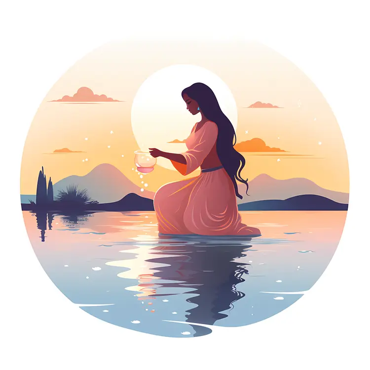 Woman Holding Jar at Sunset by the Water