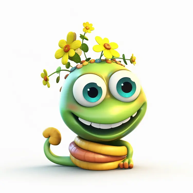 Cute Cartoon Lizard with Flowers