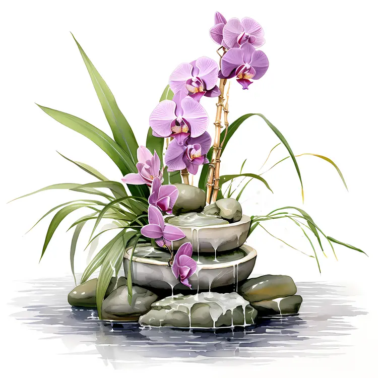 Purple Orchid Fountain with Bamboo
