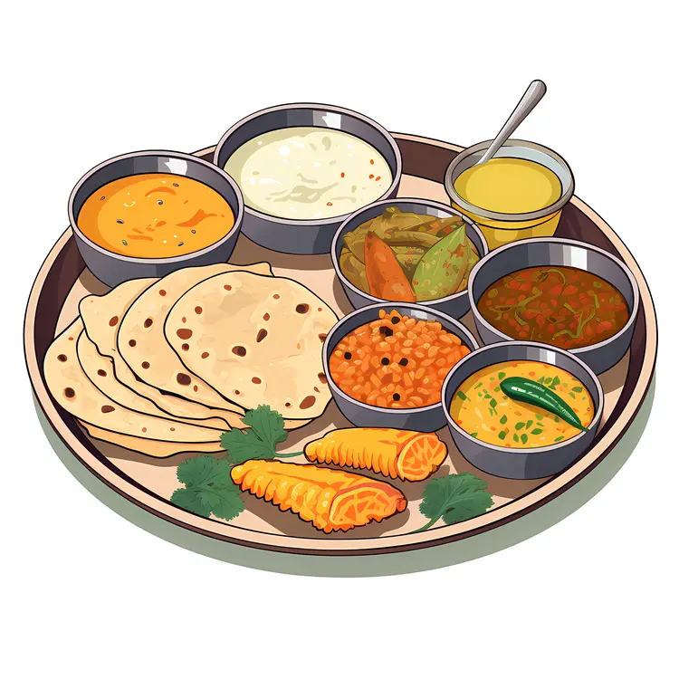 Traditional Indian Thali with Roti and Assorted Dishes