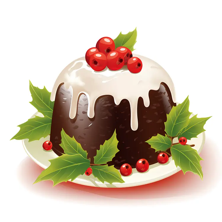 Christmas Pudding with Holly and Red Berries