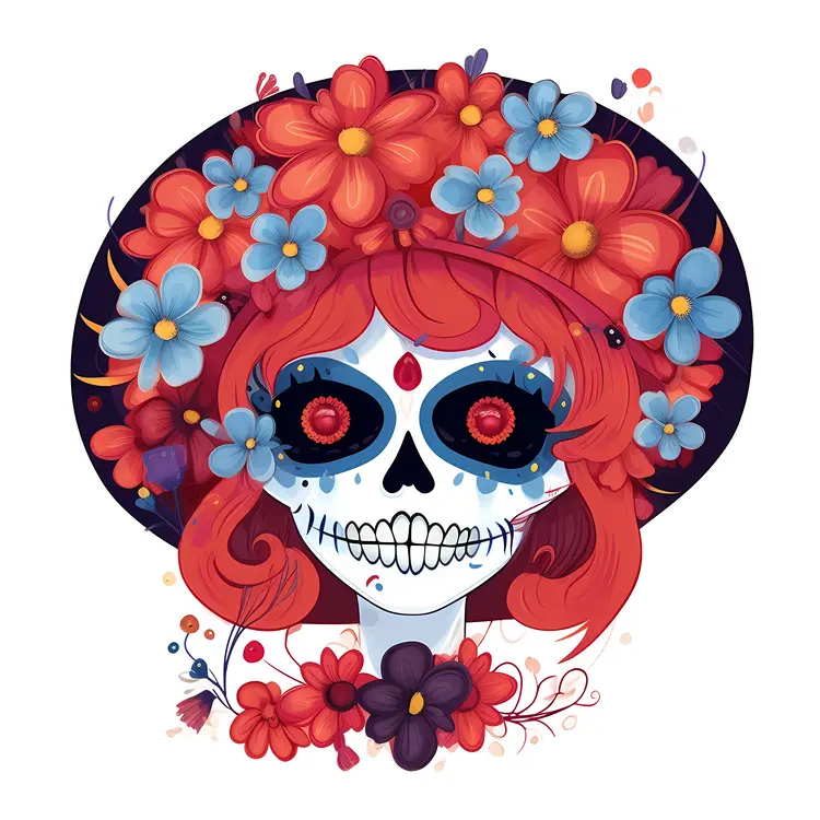 Colorful Sugar Skull with Flowers for Day of the Dead Celebration