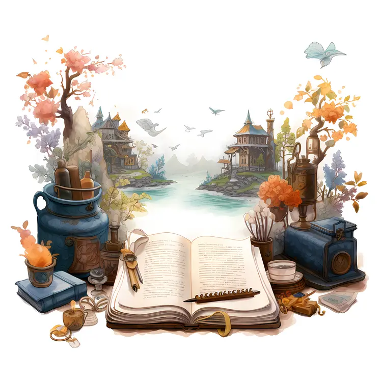 Open Book with Decorative Stationery and Scenic Background