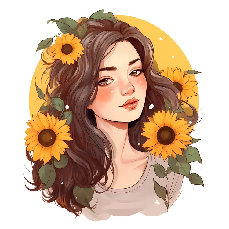 Beautiful Woman with Sunflowers in Hair