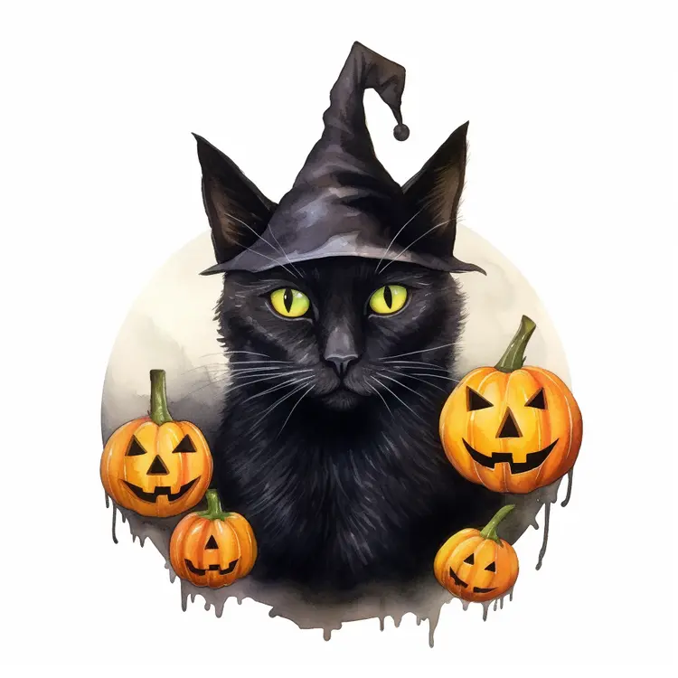 Black Cat with Witch Hat and Pumpkins for Halloween