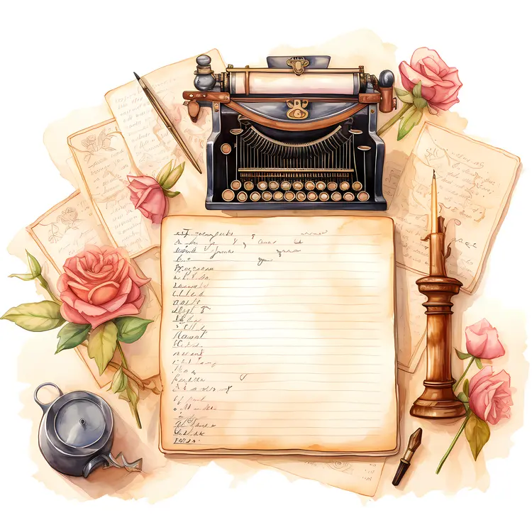 Vintage Typewriter with Roses and Candle