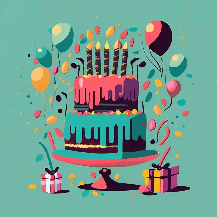 Birthday Cake with Balloons and Gifts