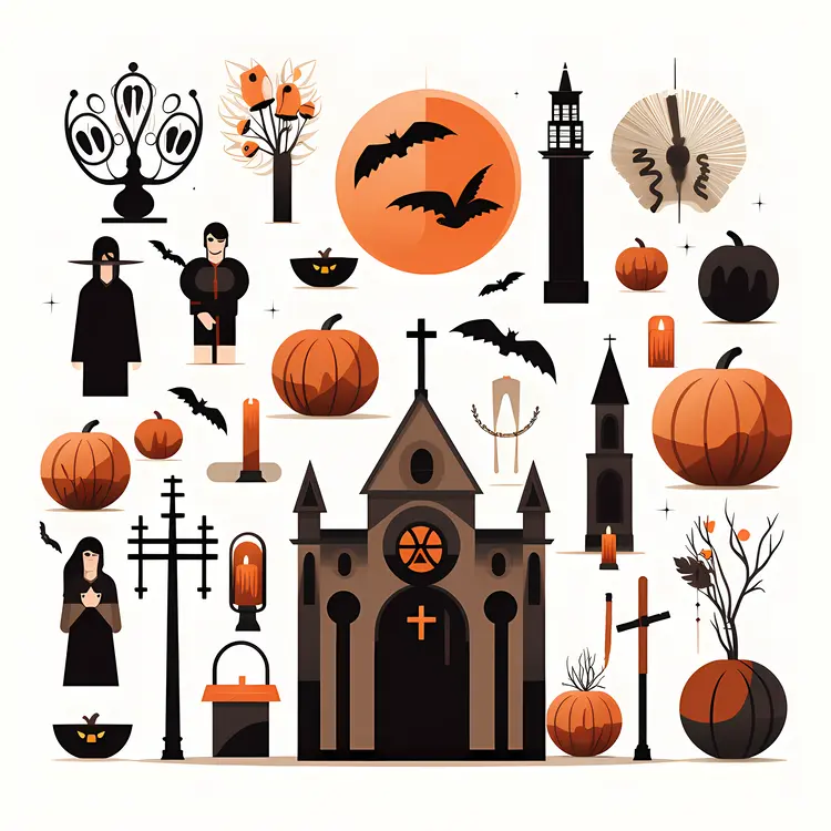 Halloween Church with Pumpkins and Bats