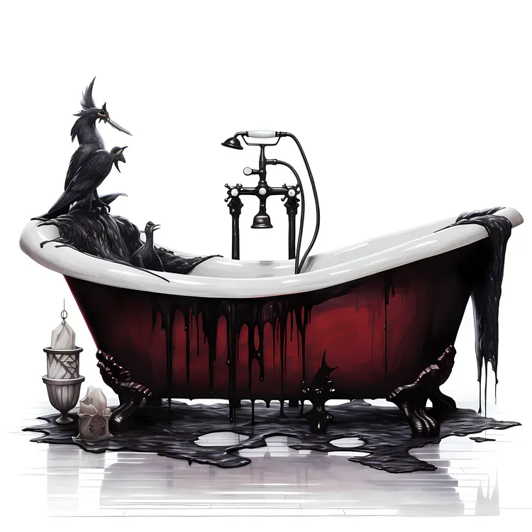 Gothic Bathtub with Black Liquid and Crows