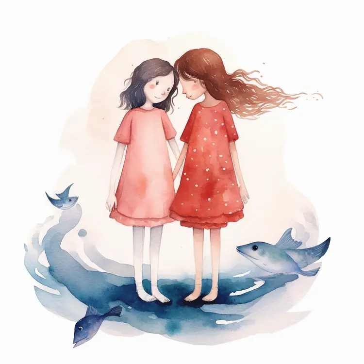 Two Girls in Red Dresses with Fish Illustration