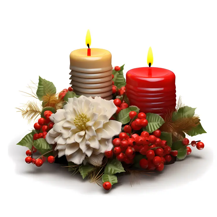 Red and Yellow Candles with White Flower and Red Berries for Christmas Decoration