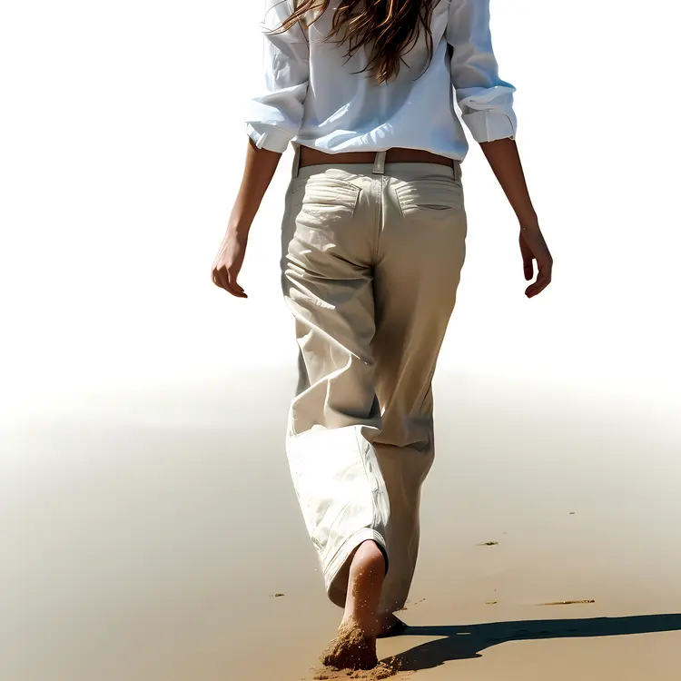 Walking on the Beach in Beige Pants