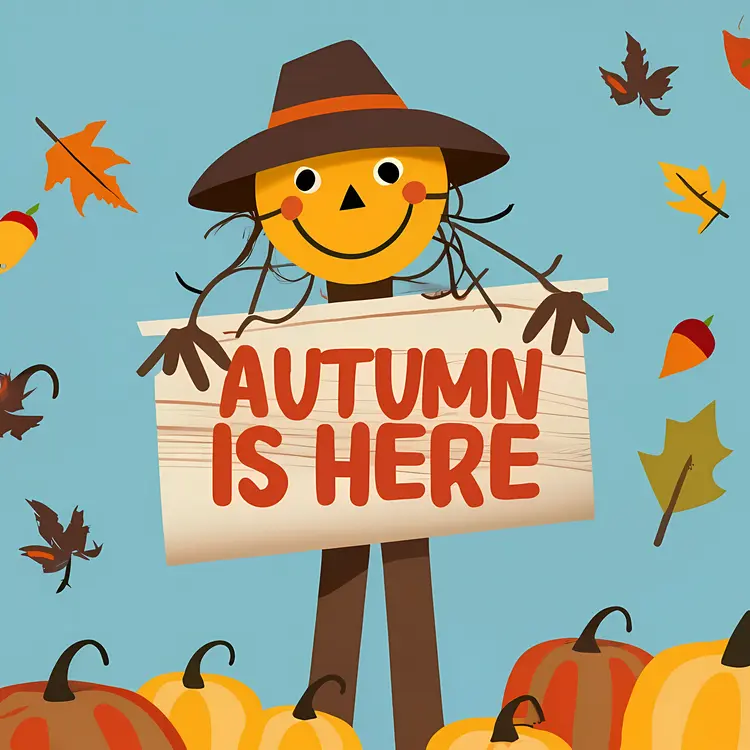 Scarecrow with Autumn Sign and Pumpkins