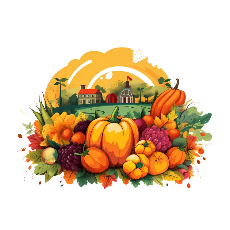 Autumn Harvest with Pumpkins and Farm Scene