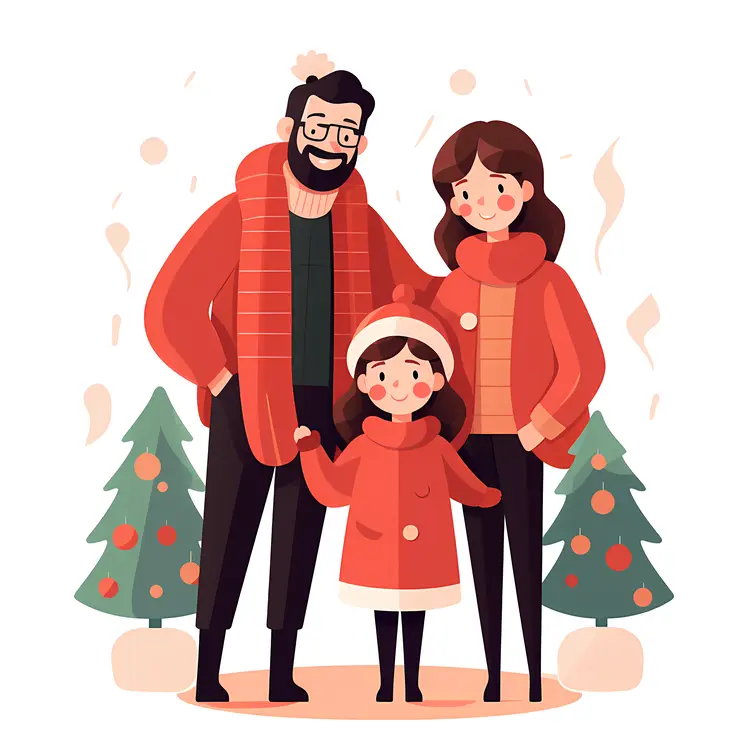 Family in Winter Coats with Christmas Trees
