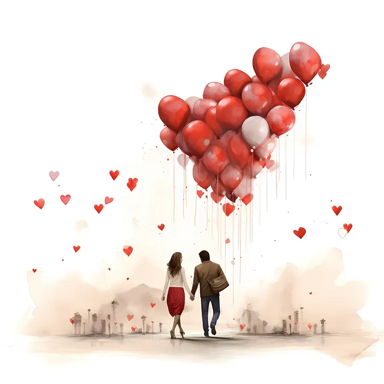Couple with Heart Balloons Illustration
