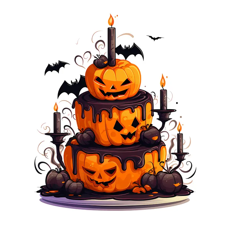 Two-Tier Halloween Cake with Pumpkins and Candles