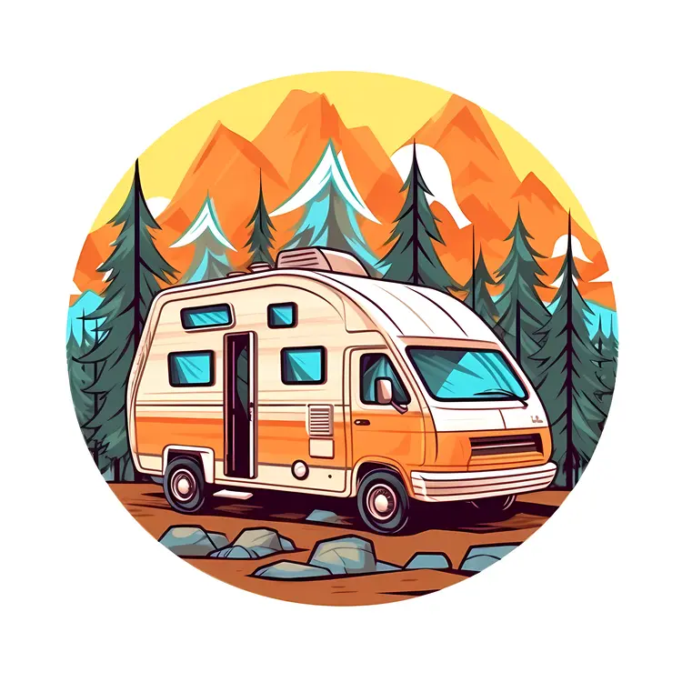 Orange Camper Van in Mountain Forest