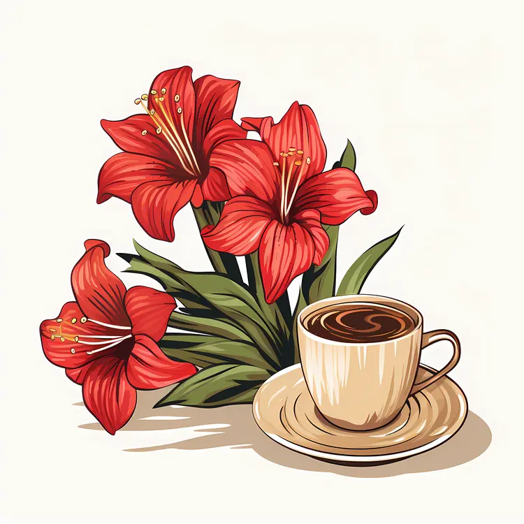 Red Flowers with a Coffee Cup