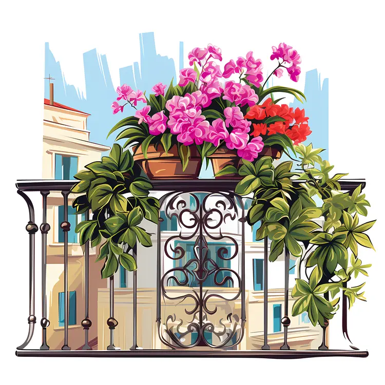 Urban Balcony with Vibrant Flowers