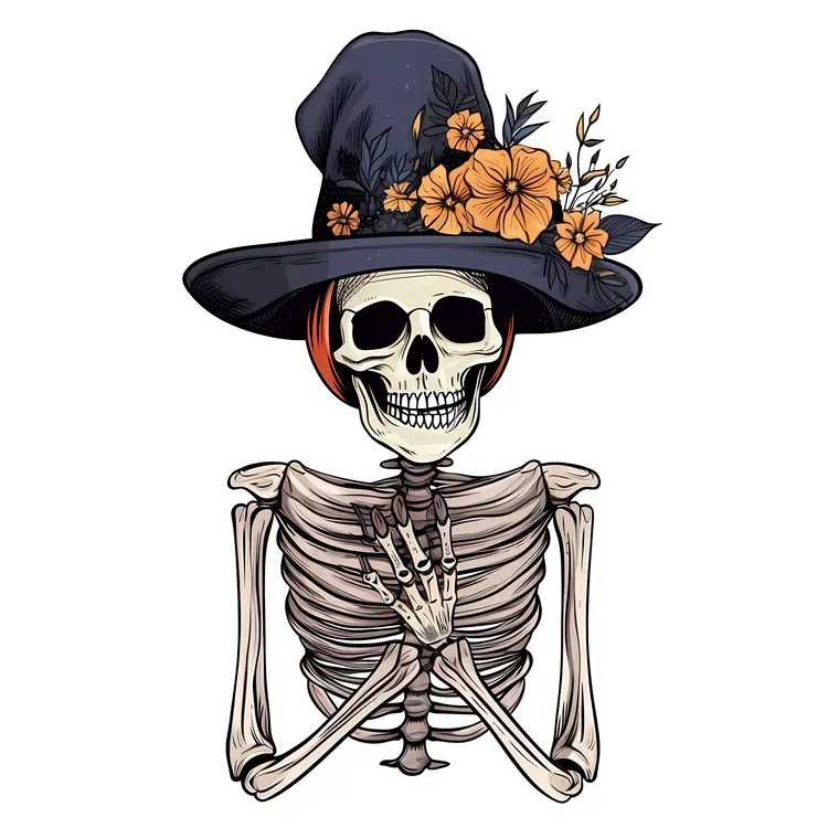 Skeleton with Witch Hat and Flowers Illustration