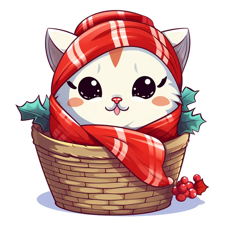 Adorable Kitten in Red Plaid Scarf in Basket