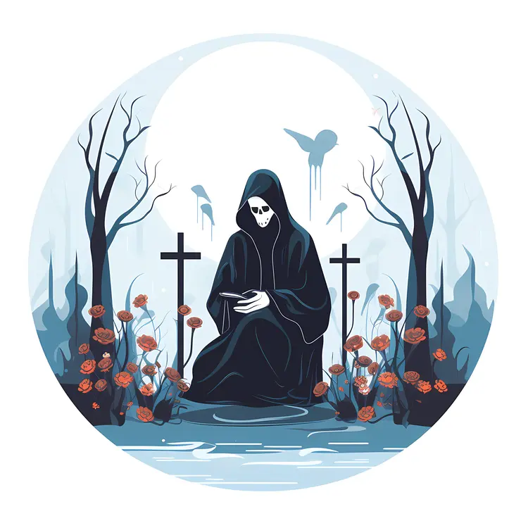 Grim Reaper in a Cemetery with Birds