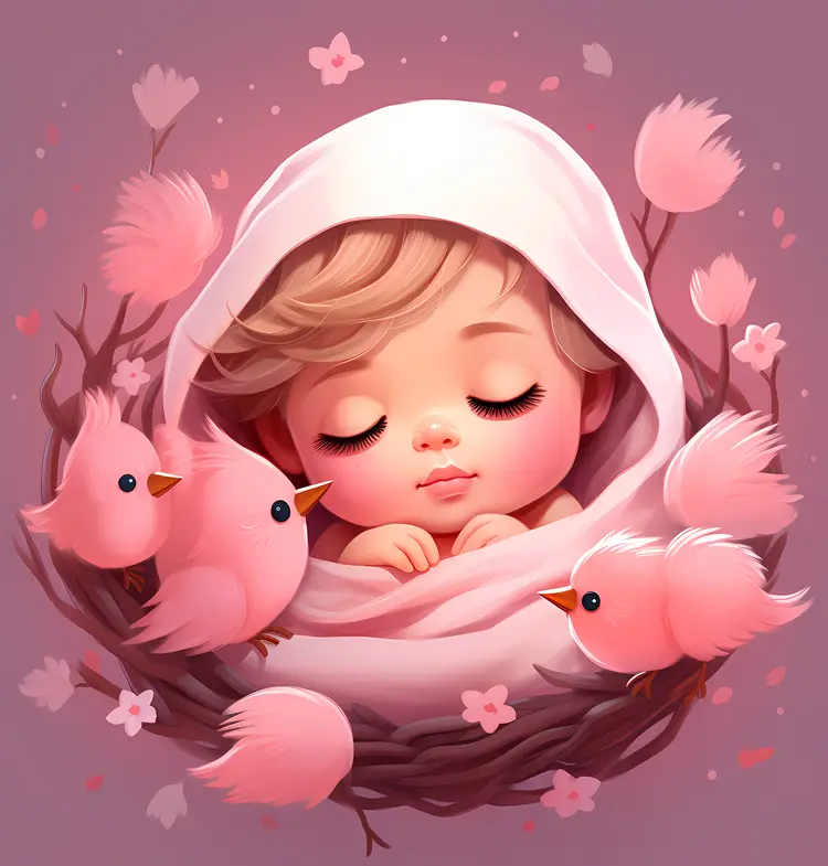Sleeping Baby with Pink Birds in a Nest