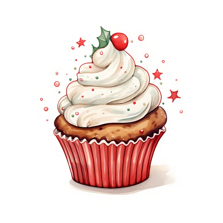 Christmas Cupcake with White Frosting and Red Stars