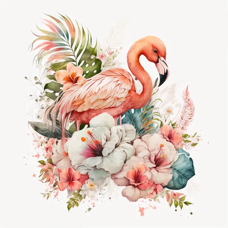 Beautiful Flamingo with Tropical Flowers in Watercolor Art
