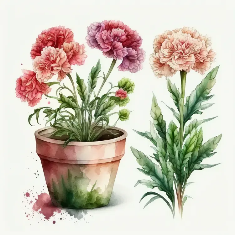 Beautiful Watercolor Carnation Flowers in a Pot
