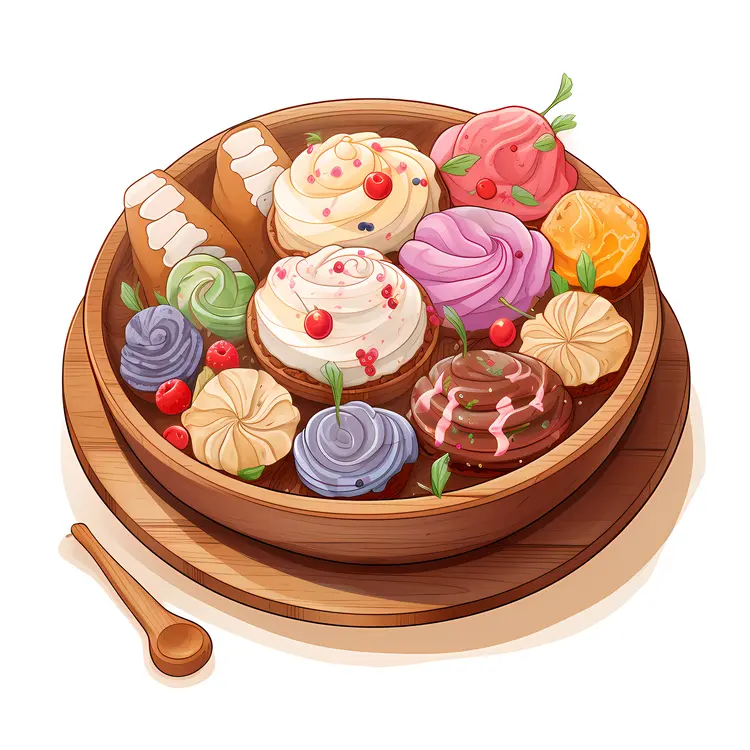 Colorful Cupcakes in a Wooden Bowl