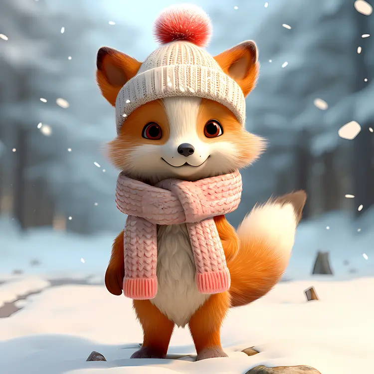 Cute Fox in Pink Hat and Scarf