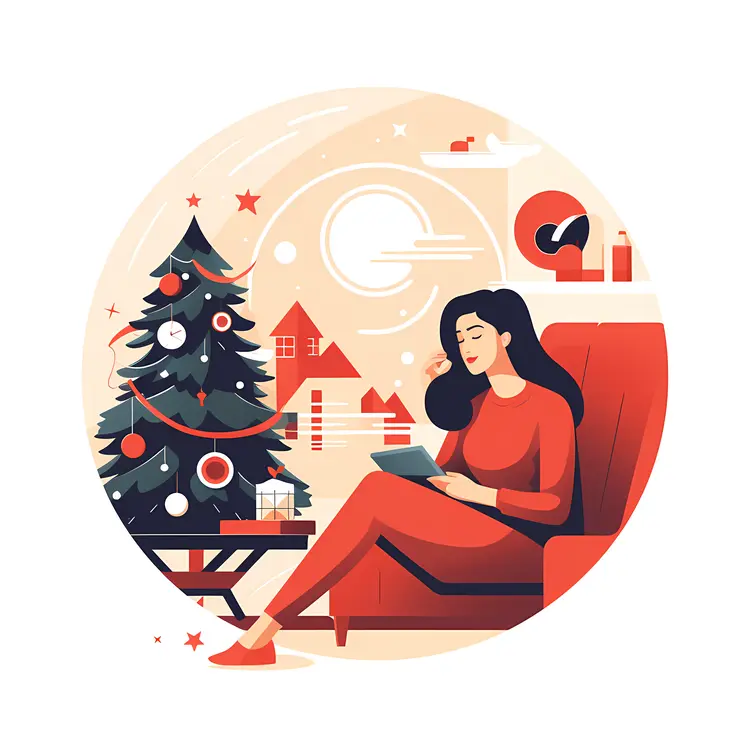 Woman Reading by Christmas Tree