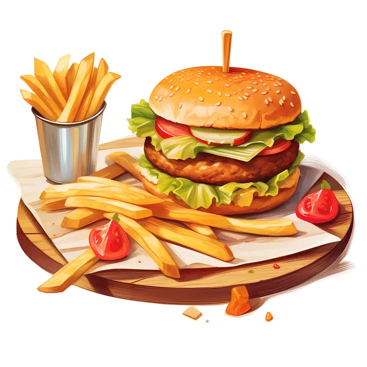 Delicious Burger with French Fries on Wooden Plate
