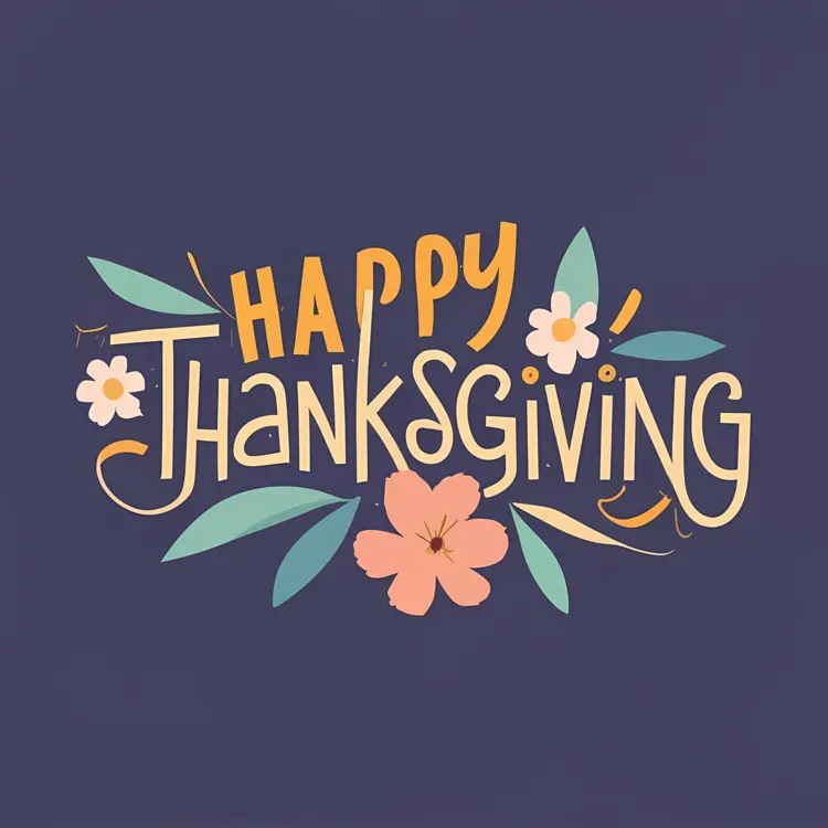 Happy Thanksgiving Text with Floral and Leaf Decorations