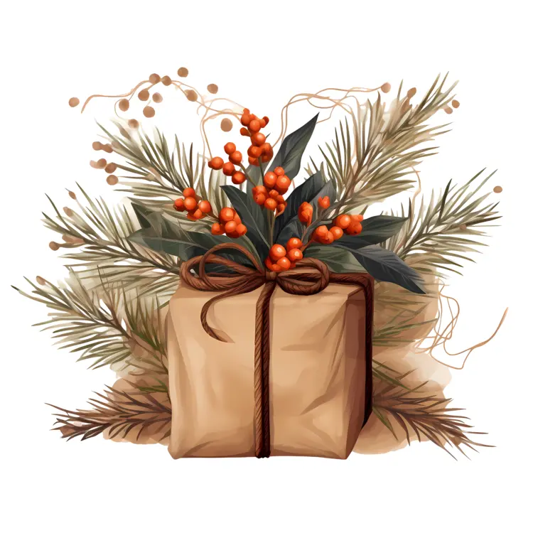 Festive Gift Box with Pine and Red Berries