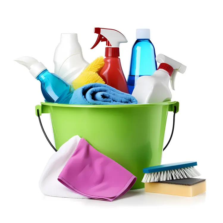 Assorted Cleaning Supplies in Green Bucket