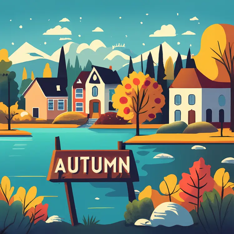 Autumn Village by the Lake