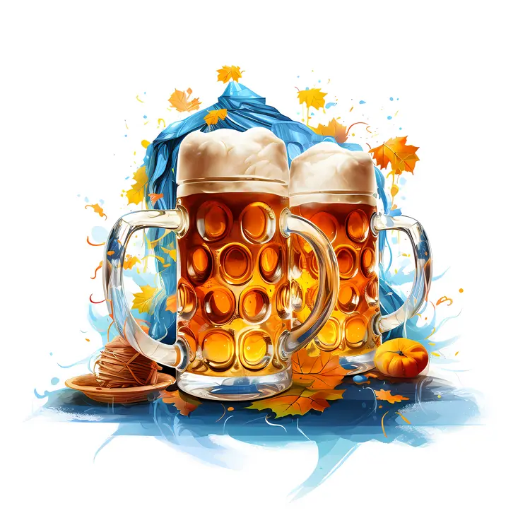 Beer Mugs with Autumn Leaves and Pumpkin