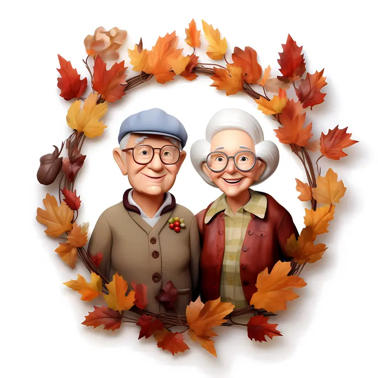 Elderly Couple Surrounded by Autumn Leaves for Grandparents Day