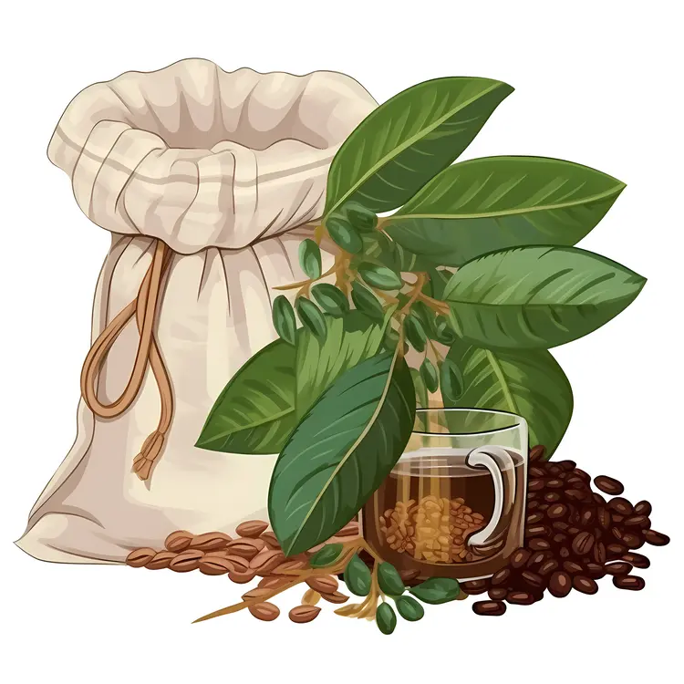 Coffee Beans and Sack with Transparent Coffee Glass