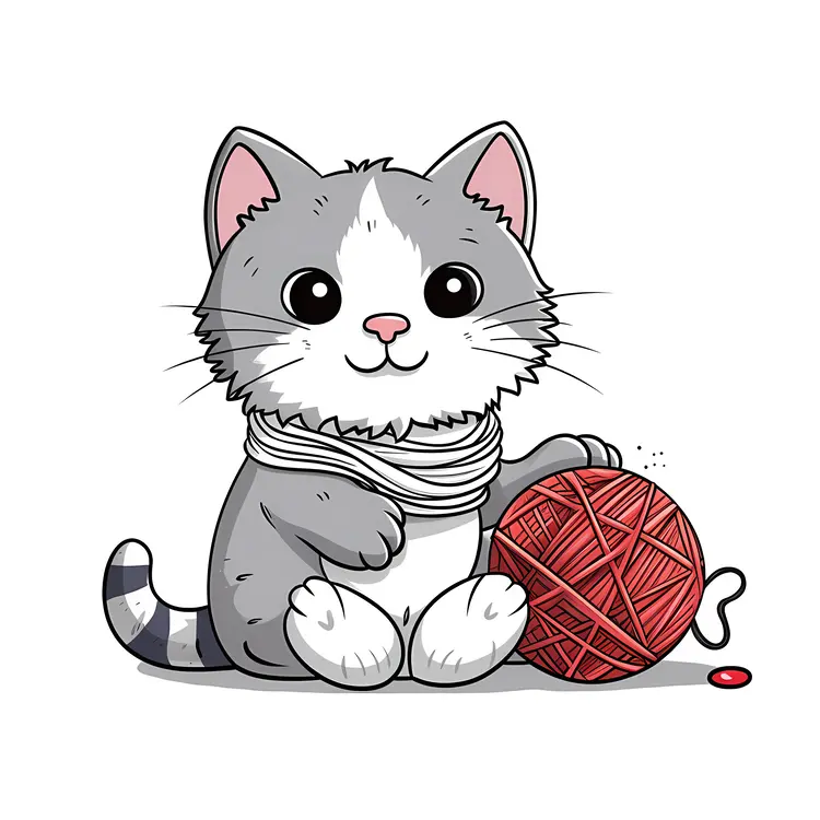 Cute Cartoon Cat with Yarn Ball