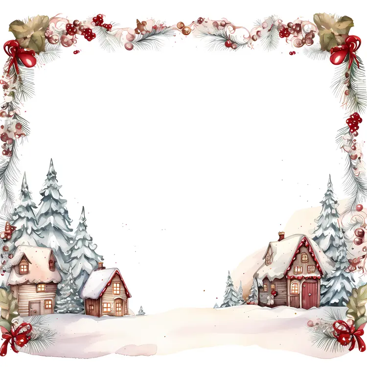 Snowy Winter Village with Decorated Frame
