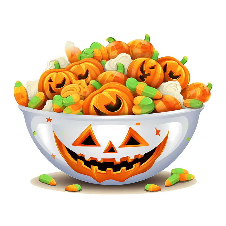 Festive Halloween Candy Bowl with Pumpkins and Treats